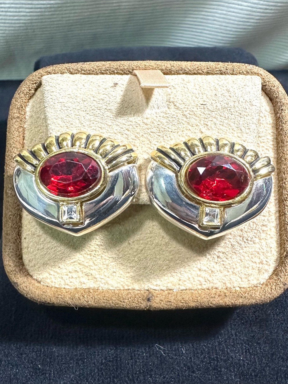 Vtg: Two Toned Ruby Red & Clear Glass  Rhinestone Statement Couture Earrings